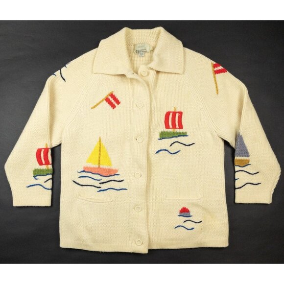 Vintage 1970s Dorce Leroy Knitwear Cardigan Large Wool Sailboat Embroidered - Picture 1 of 16